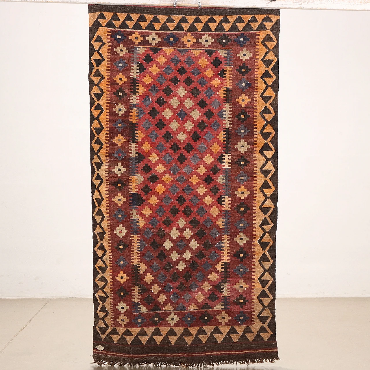 Red & brown thin knot Kilim rug in cotton and wool 6