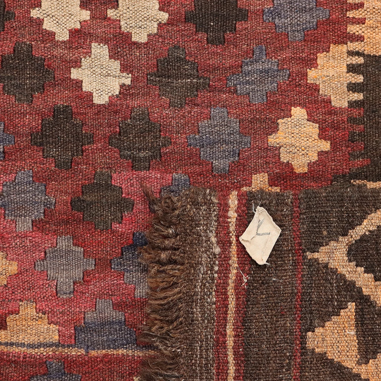 Red & brown thin knot Kilim rug in cotton and wool 8