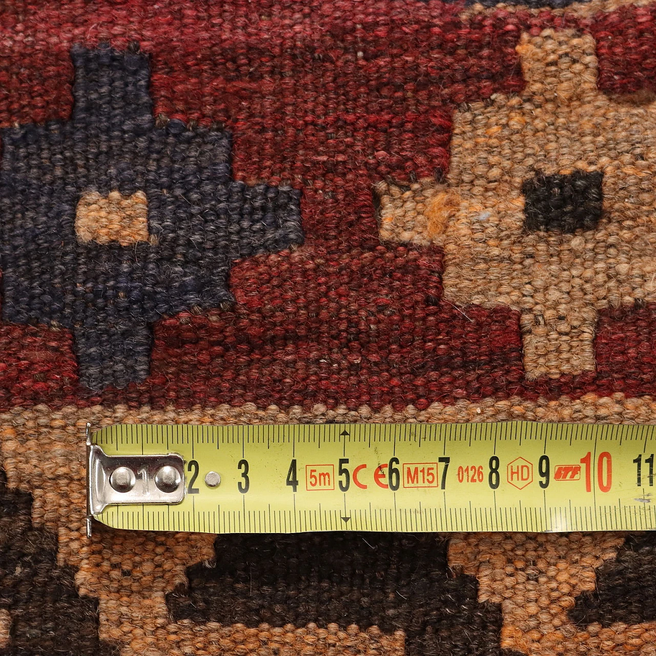 Red & brown thin knot Kilim rug in cotton and wool 10