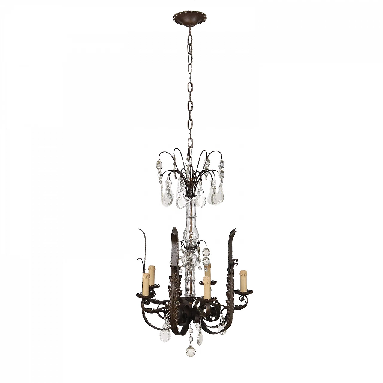 Lampada da soffitto stile Liberty in ferro battuto e vetro, inizio '900 1