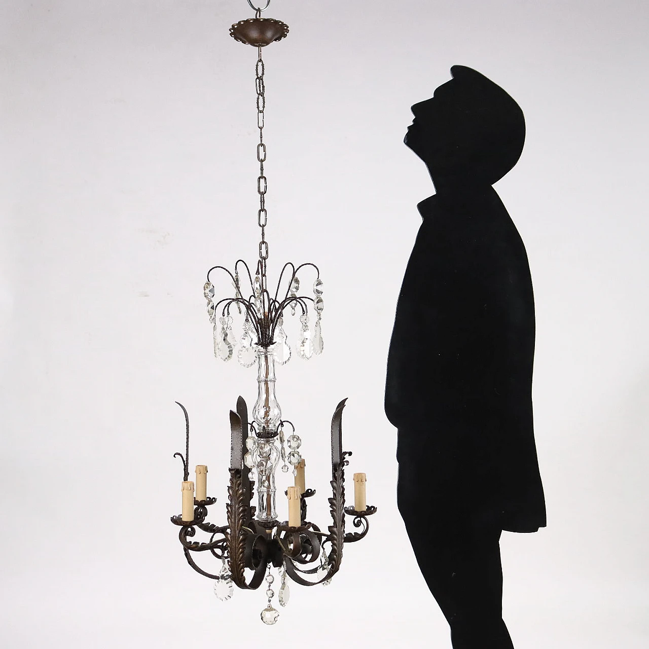 Lampada da soffitto stile Liberty in ferro battuto e vetro, inizio '900 2