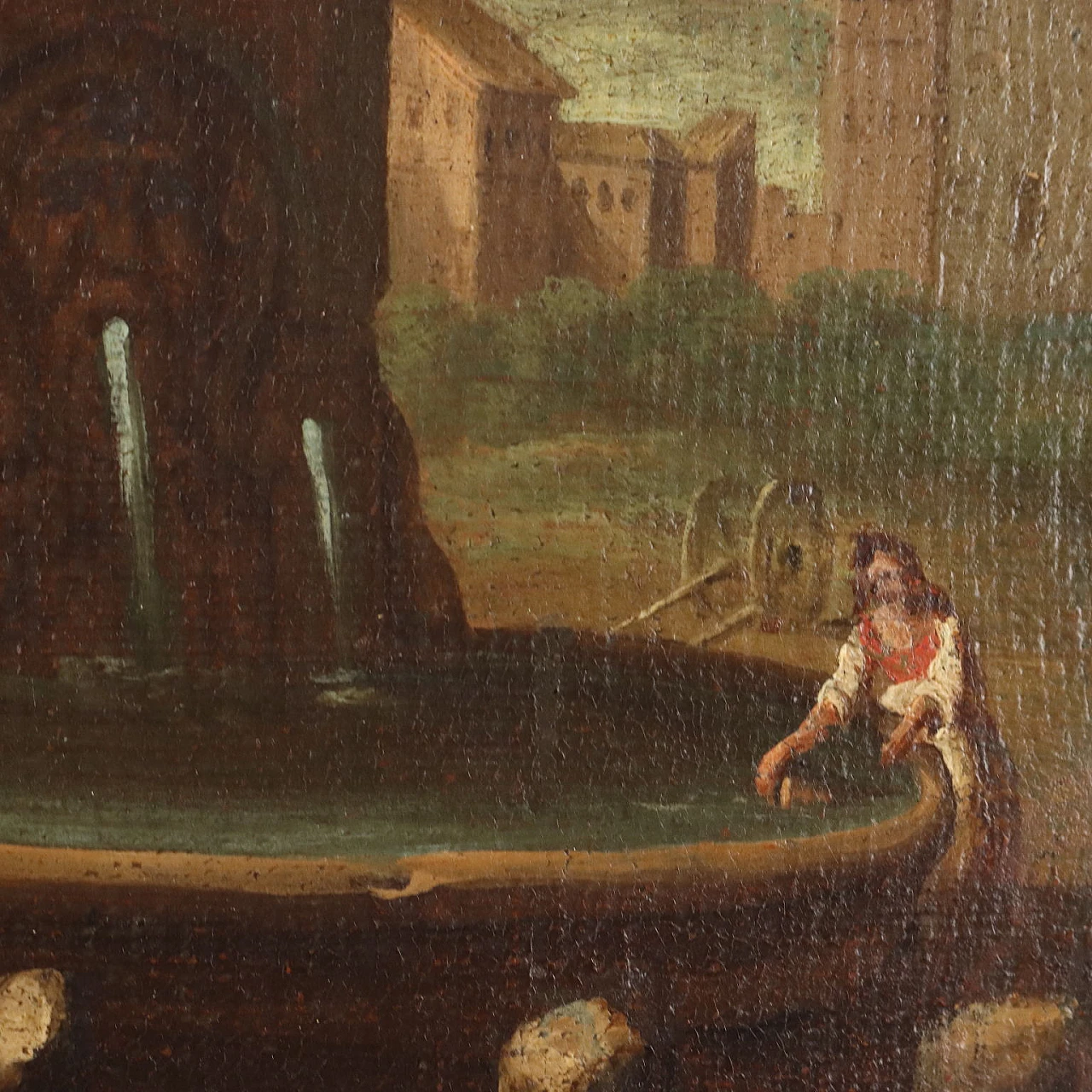 Paesaggio con borgo e rovine, dipinto a olio su tela, '700 4