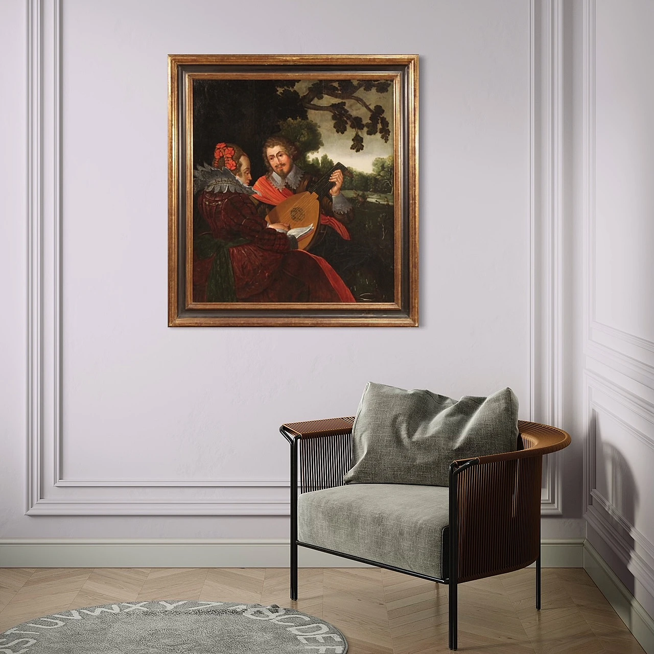 Musici e scena di caccia, dipinto fiammingo olio su tavola, '600 1412721