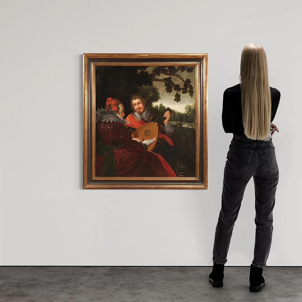 Musici e scena di caccia, dipinto fiammingo olio su tavola, '600 1412722