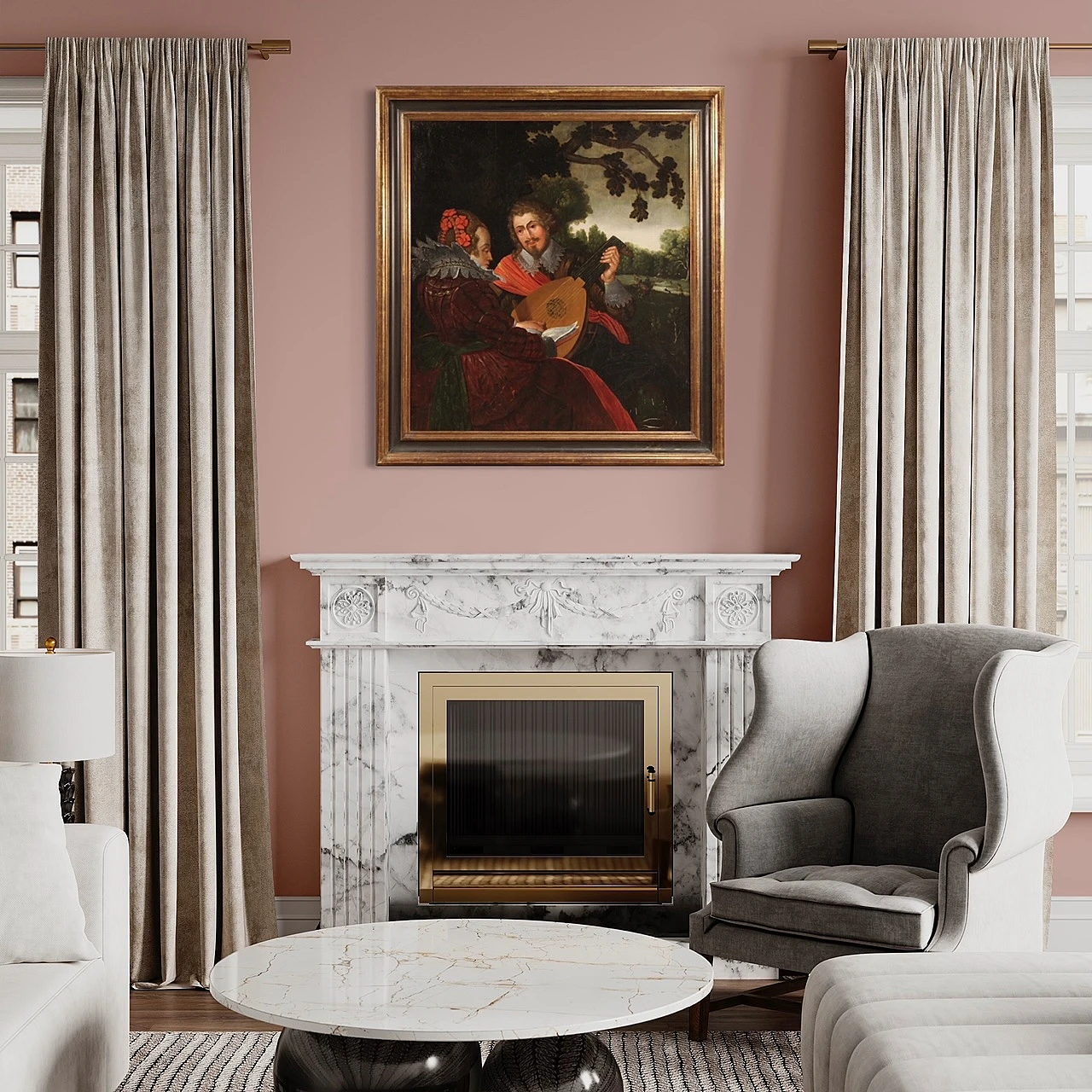 Musici e scena di caccia, dipinto fiammingo olio su tavola, '600 1412724