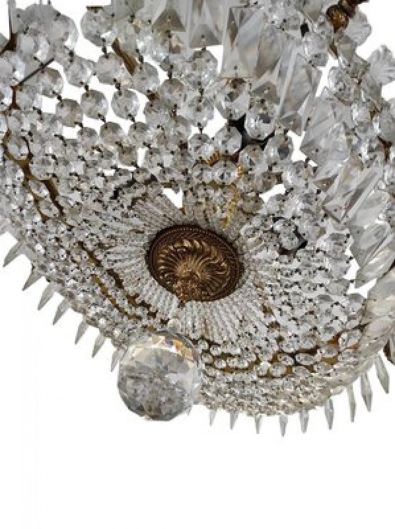 Pair of oval hot air balloon chandeliers in brass & crystal, 1950s 8