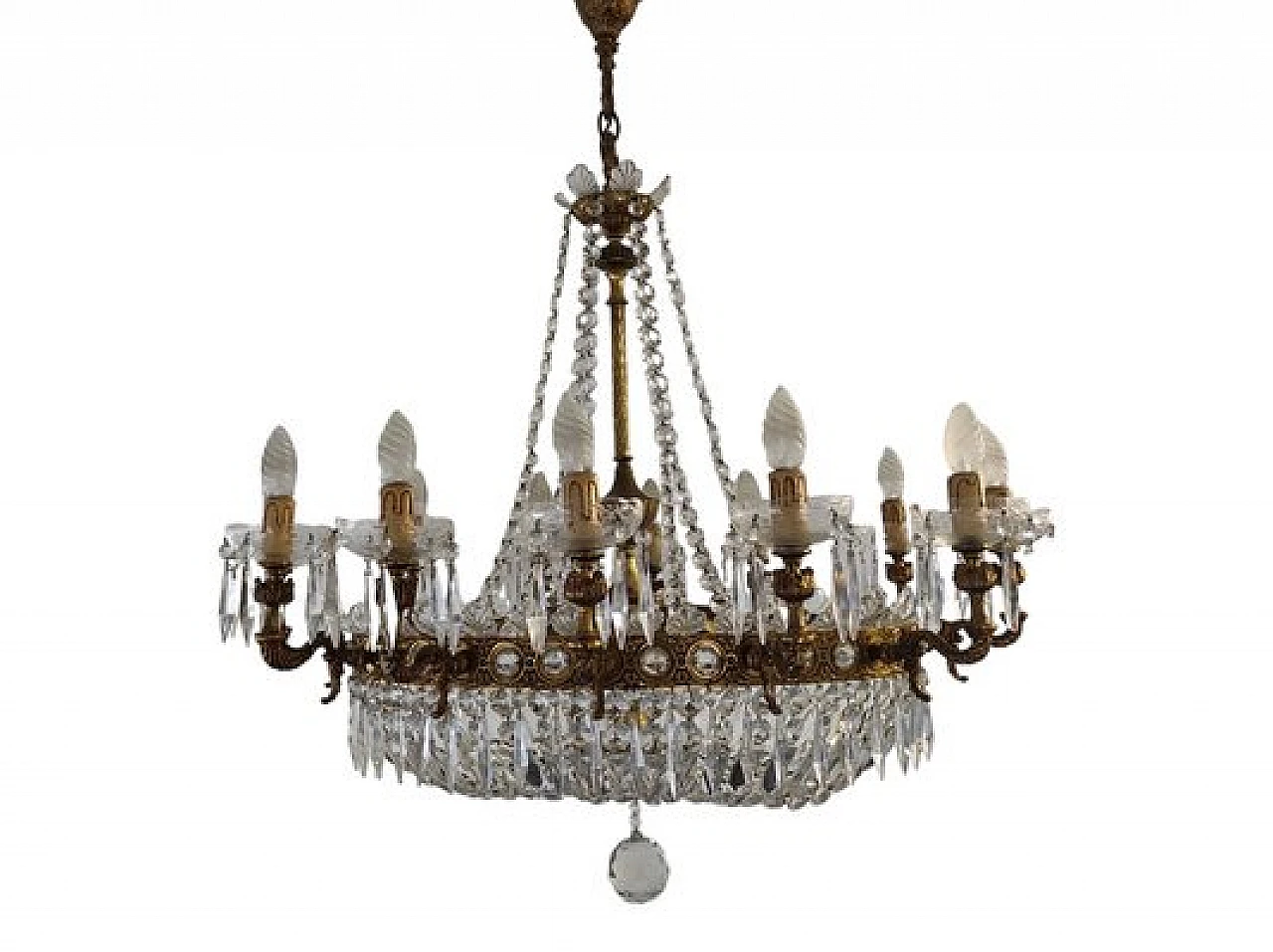 Pair of oval hot air balloon chandeliers in brass & crystal, 1950s 9