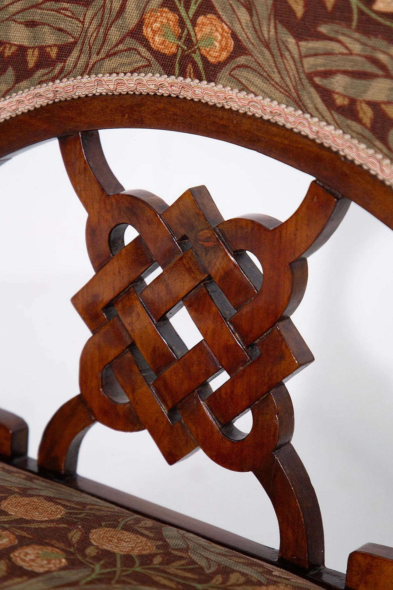 Pair of Art Nouveau style wood and floral fabric chairs, 1940s 4