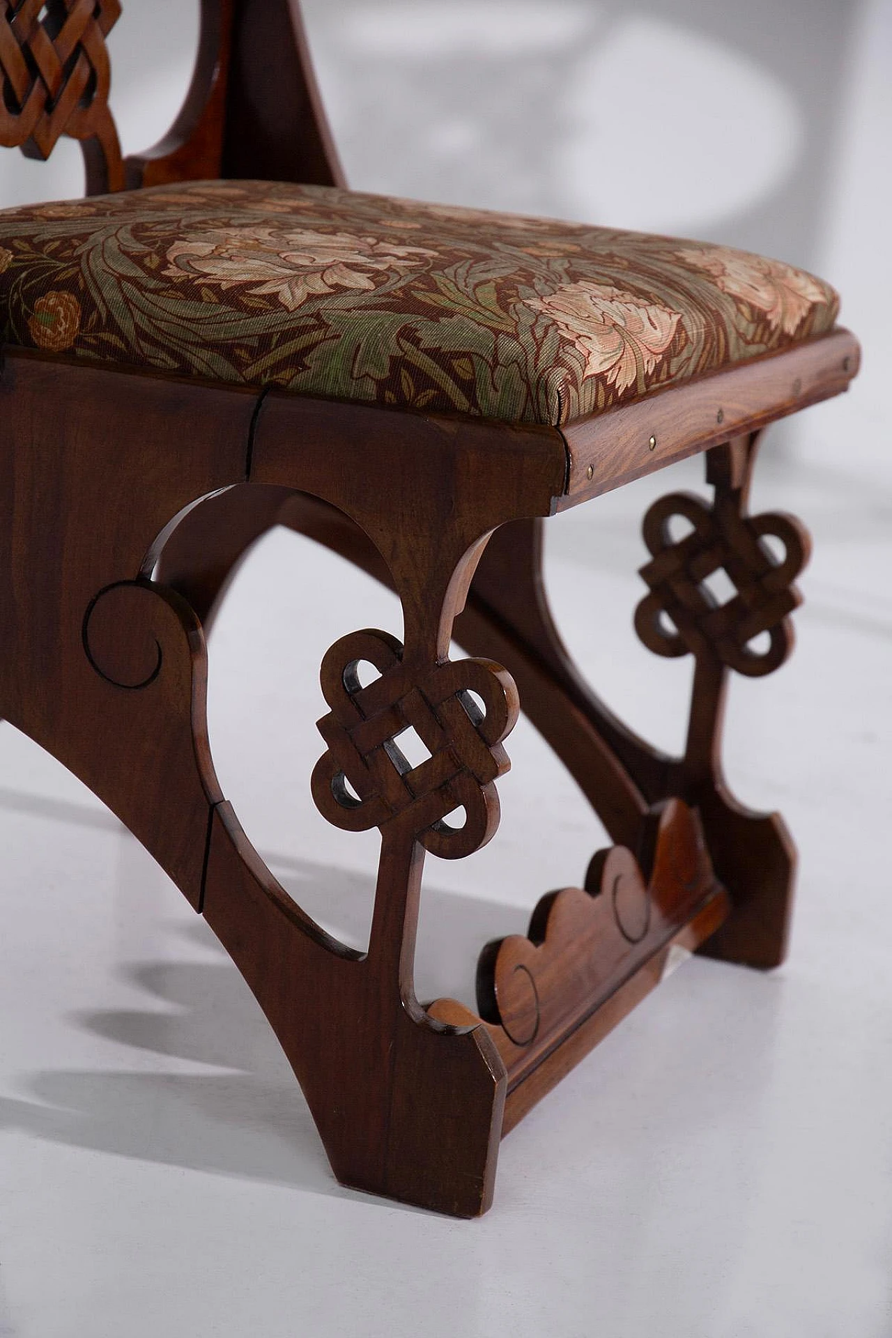 Pair of Art Nouveau style wood and floral fabric chairs, 1940s 6