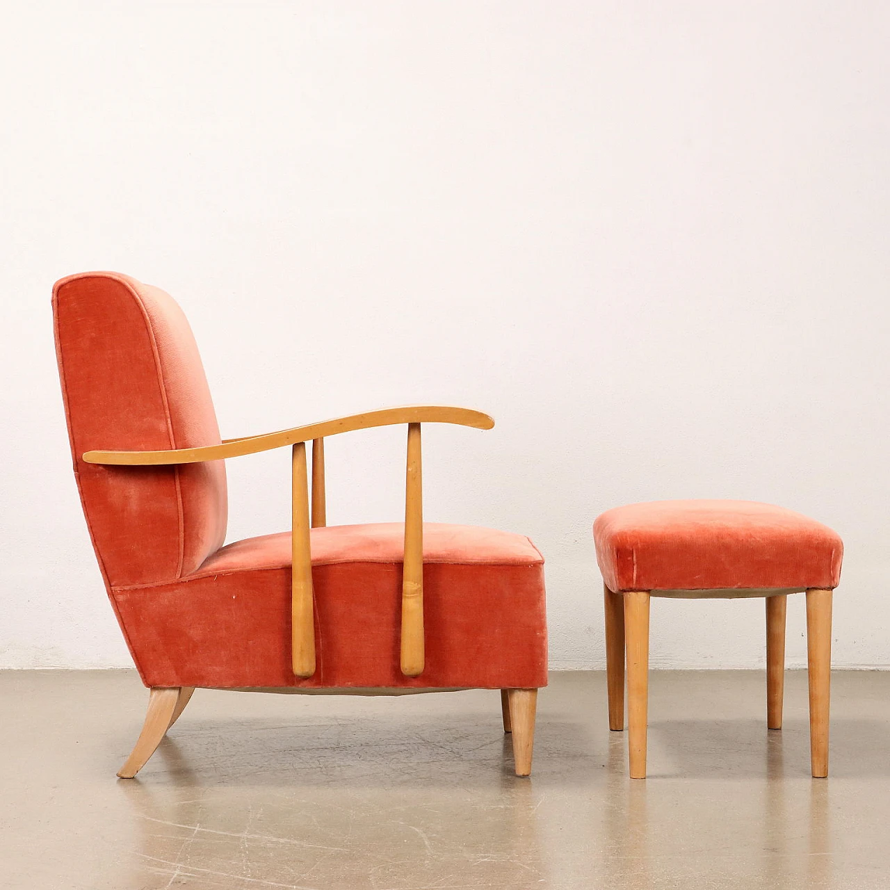 Coppia di Poltrone con poggiapiedi in legno e tessuto, anni '80 4