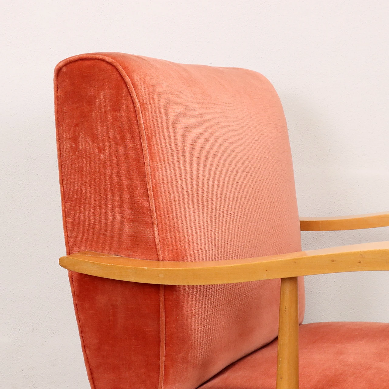 Coppia di Poltrone con poggiapiedi in legno e tessuto, anni '80 5