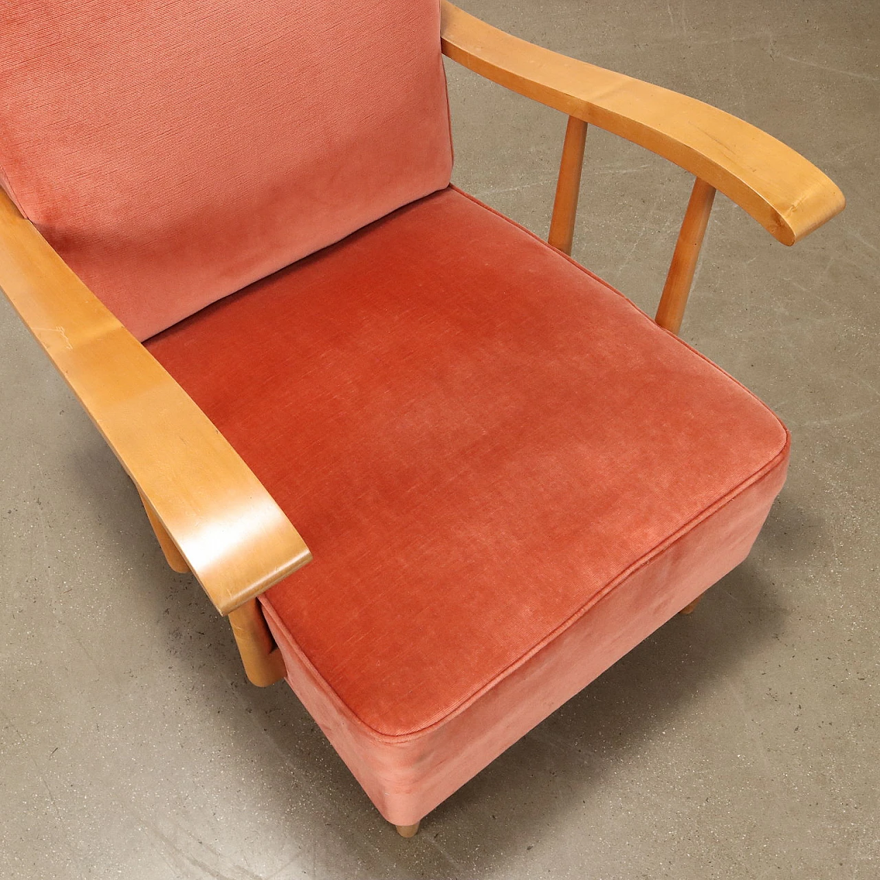 Coppia di Poltrone con poggiapiedi in legno e tessuto, anni '80 10