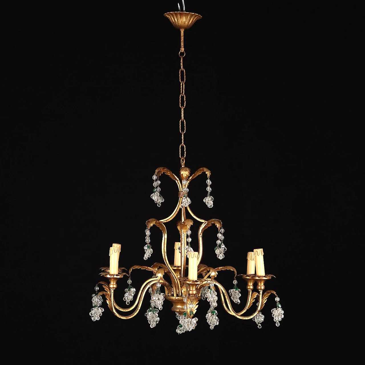 Six-light iron, gilded wood, sheet metal and crystal chandelier 1