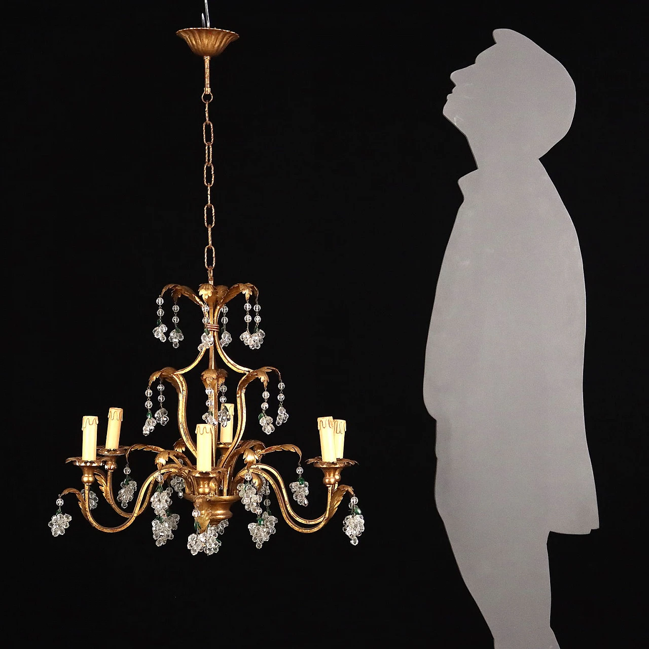 Six-light iron, gilded wood, sheet metal and crystal chandelier 2