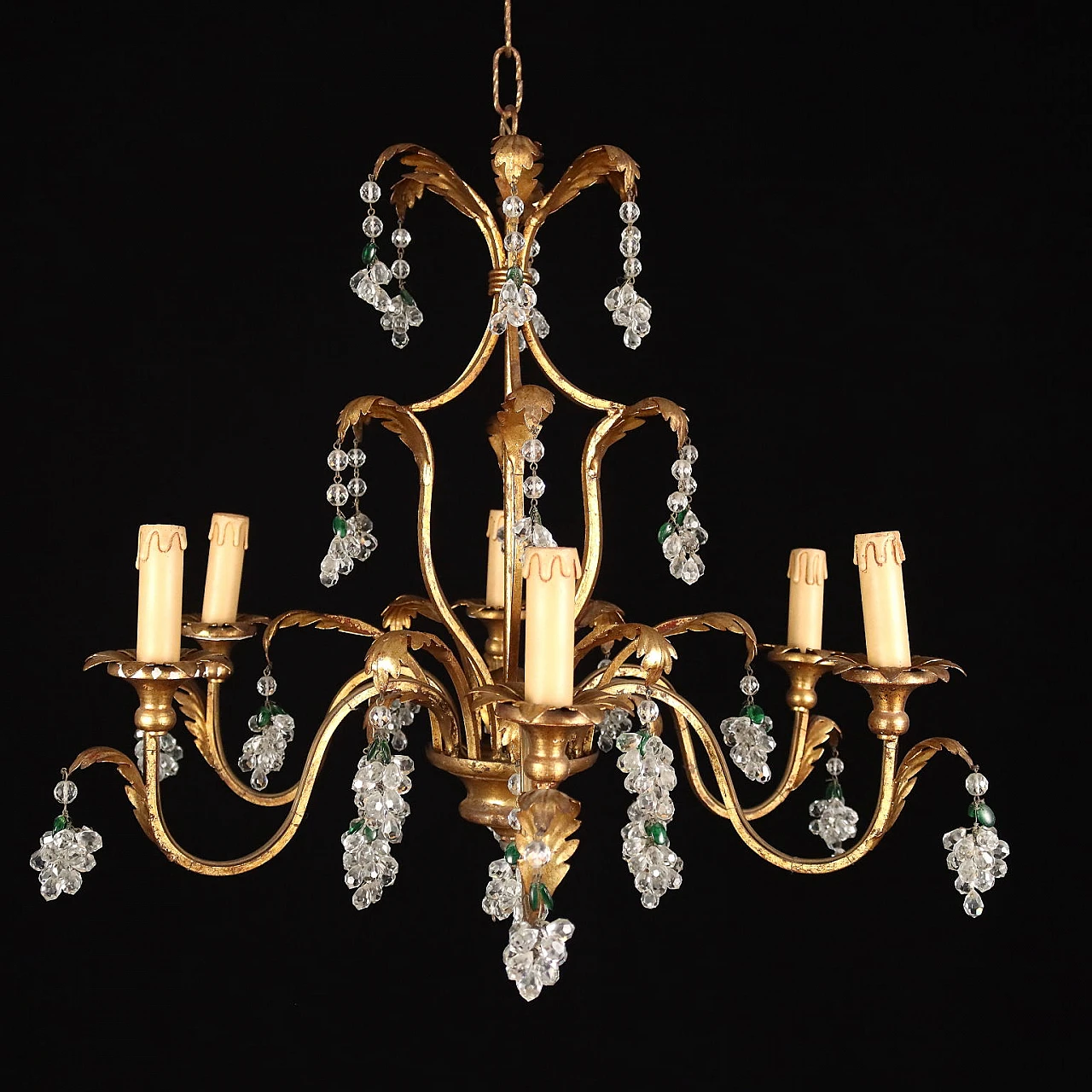 Six-light iron, gilded wood, sheet metal and crystal chandelier 3
