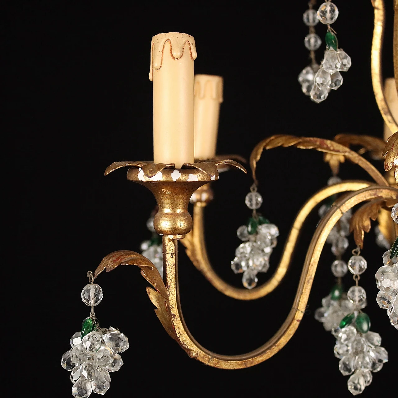 Six-light iron, gilded wood, sheet metal and crystal chandelier 4