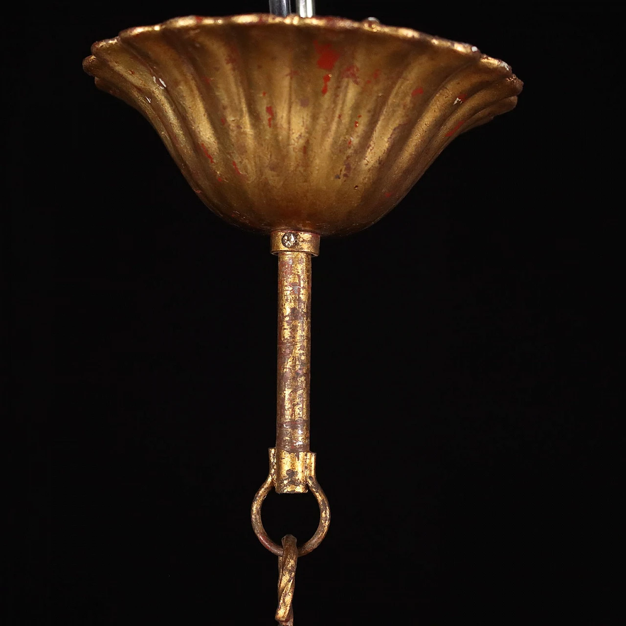 Six-light iron, gilded wood, sheet metal and crystal chandelier 6