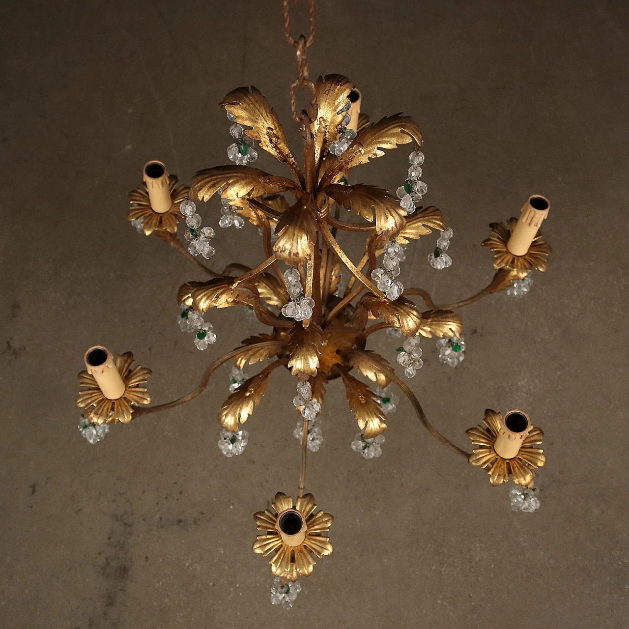 Six-light iron, gilded wood, sheet metal and crystal chandelier 7
