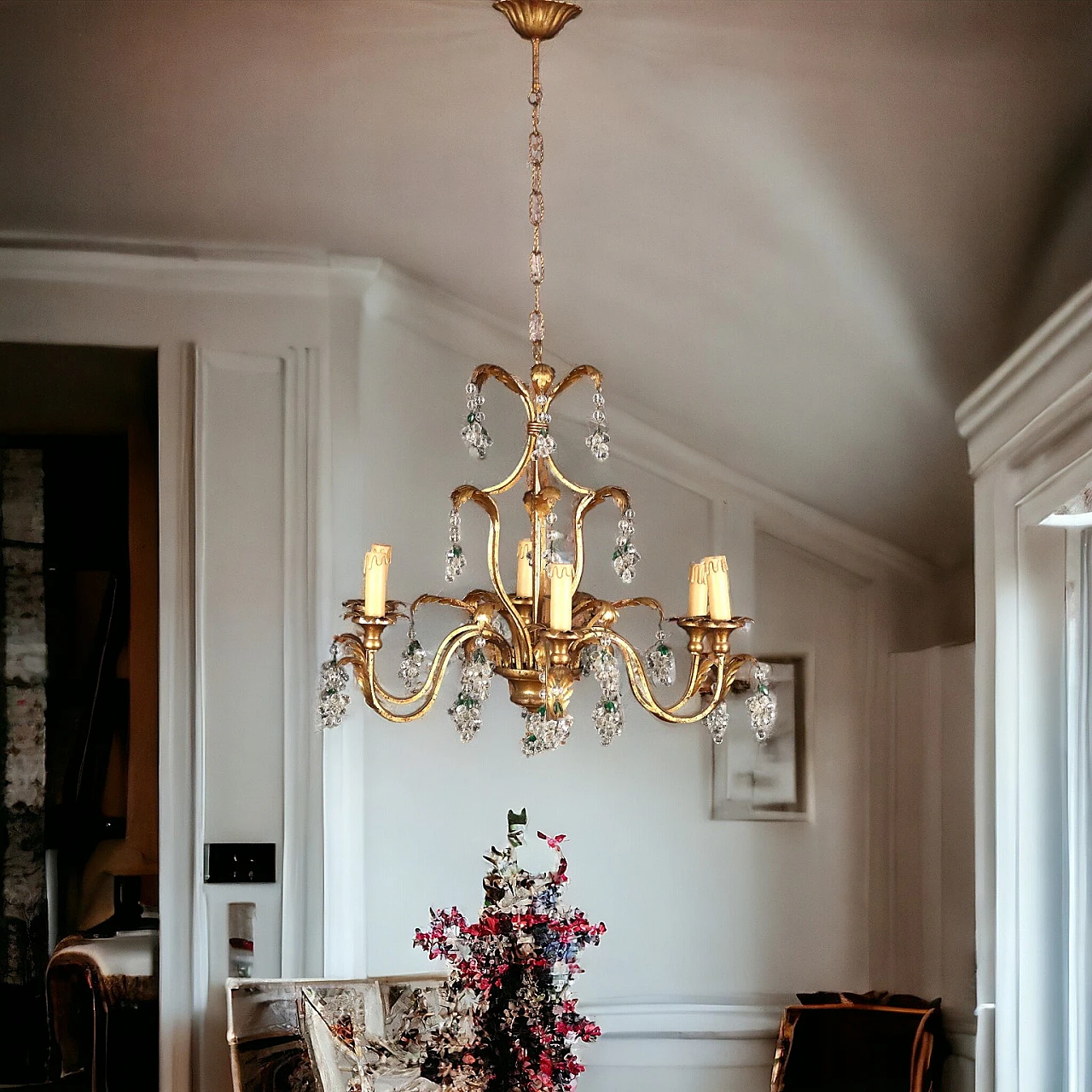 Six-light iron, gilded wood, sheet metal and crystal chandelier 8