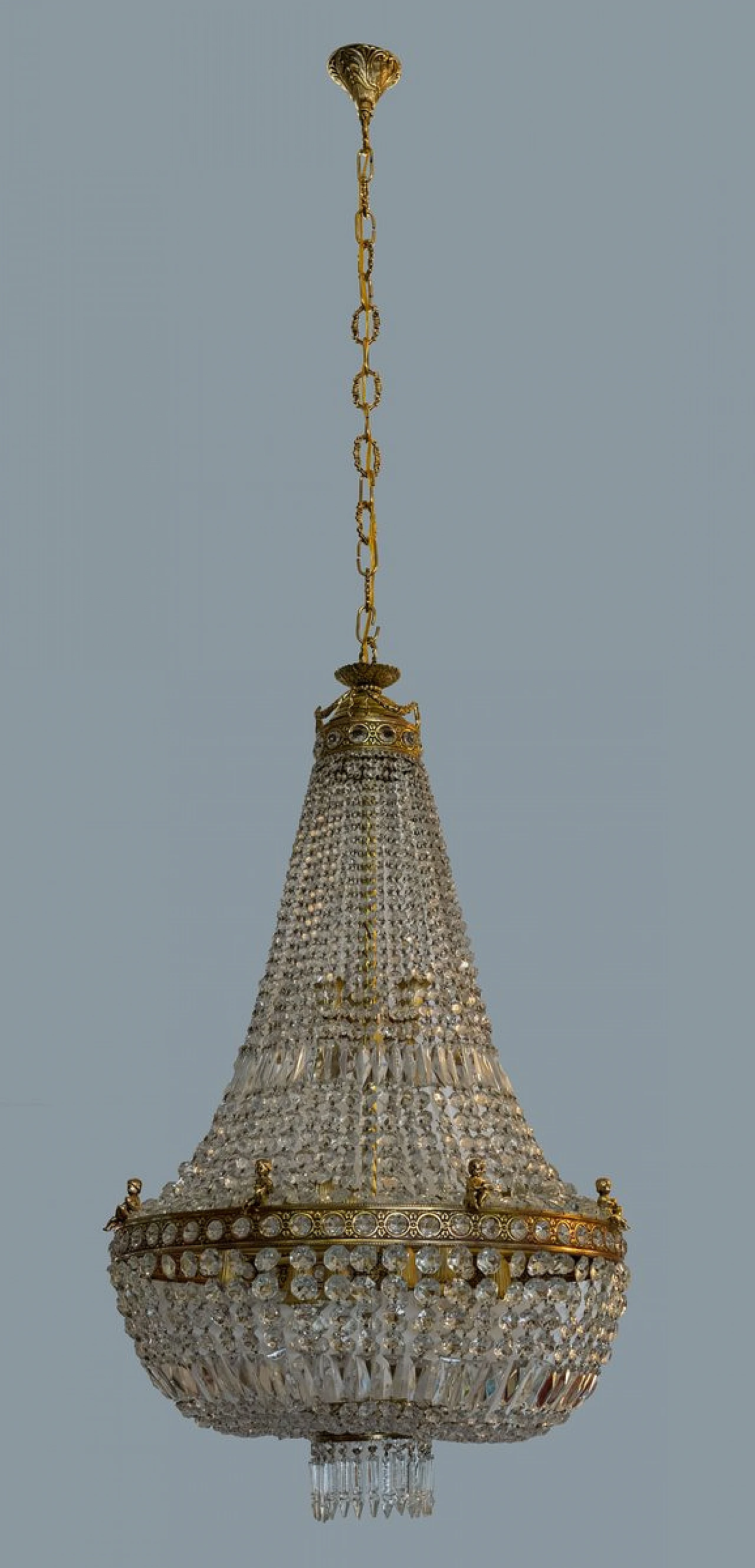 Lampadario in stile Impero in ottone e cristallo di Boemia, anni '50 1