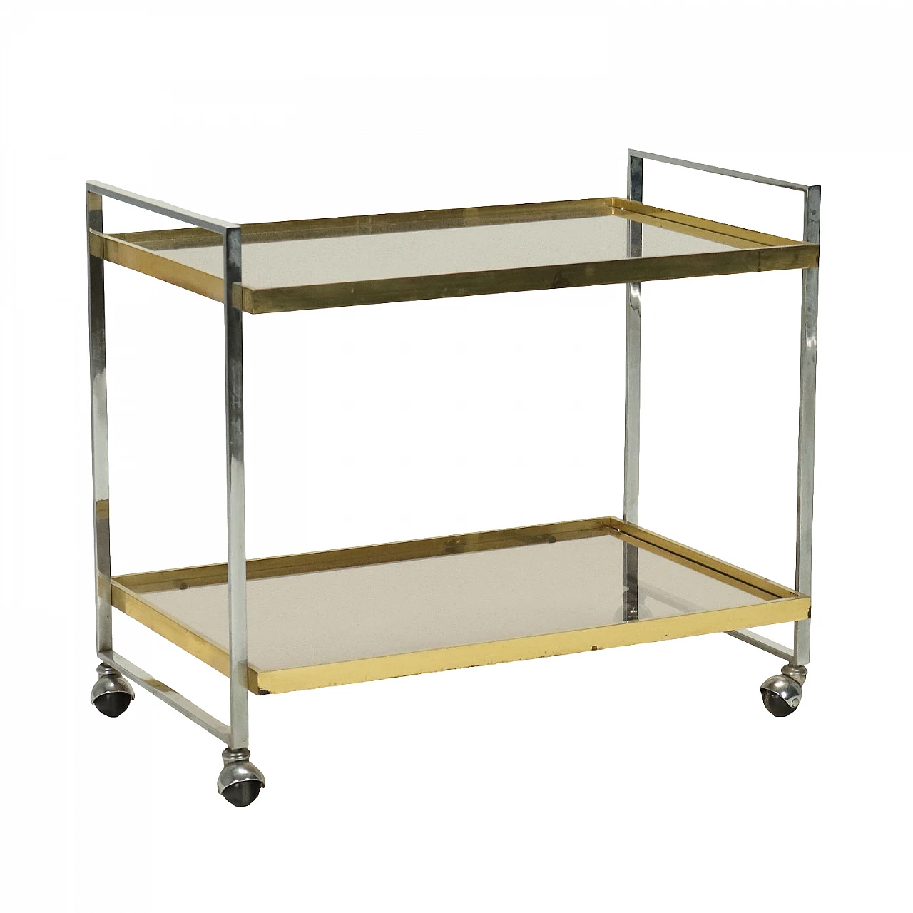 Carrello in metallo, ottone e vetro fumé, anni '60 1