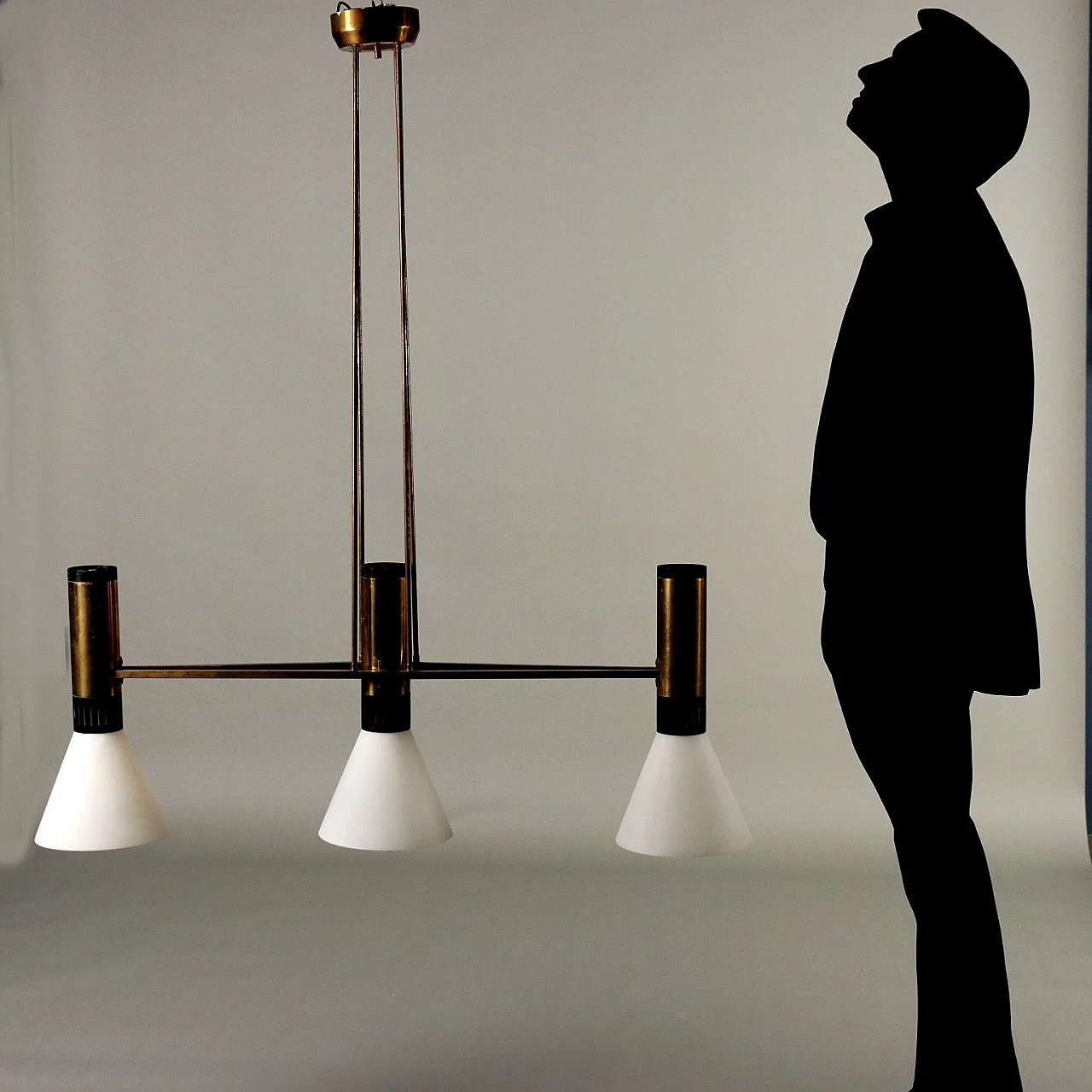 3-Light chandelier in aluminium, brass and glass by Stilnovo, 1960s 2