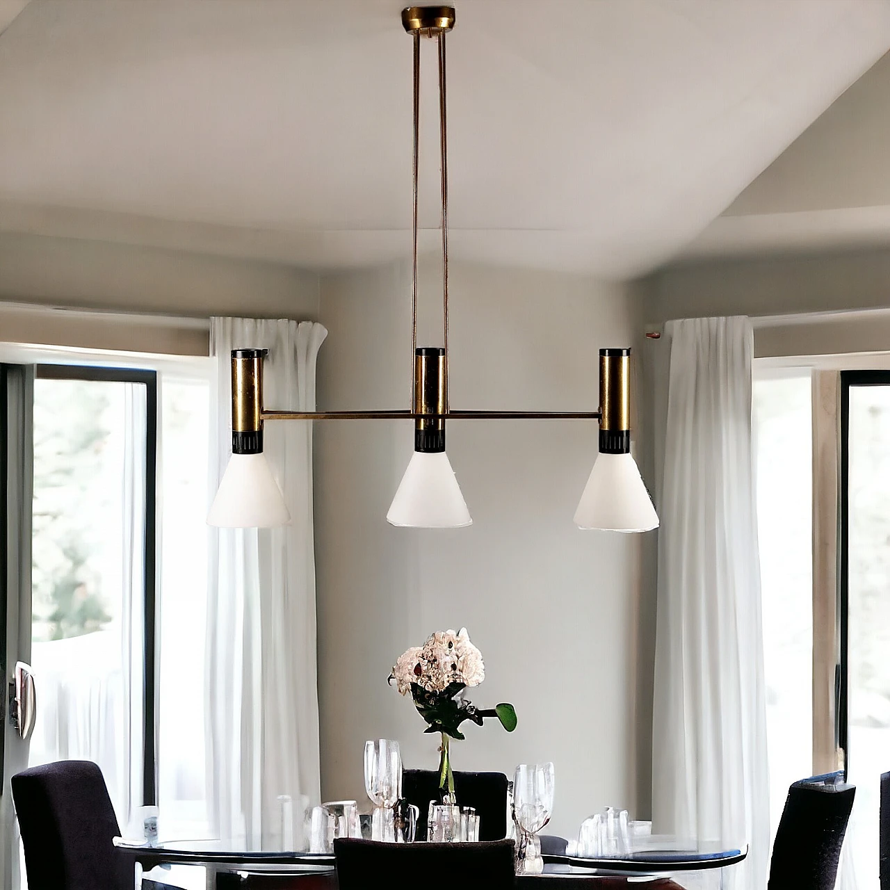 3-Light chandelier in aluminium, brass and glass by Stilnovo, 1960s 9