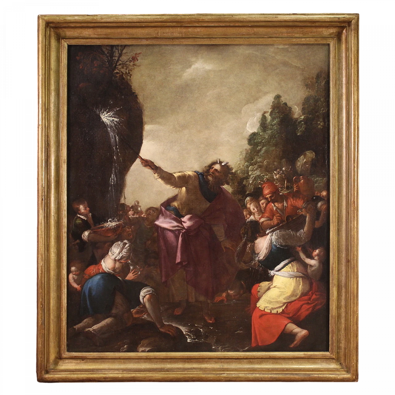 Mosè fa scaturire l'acqua dalla roccia, olio su tela, '600 16