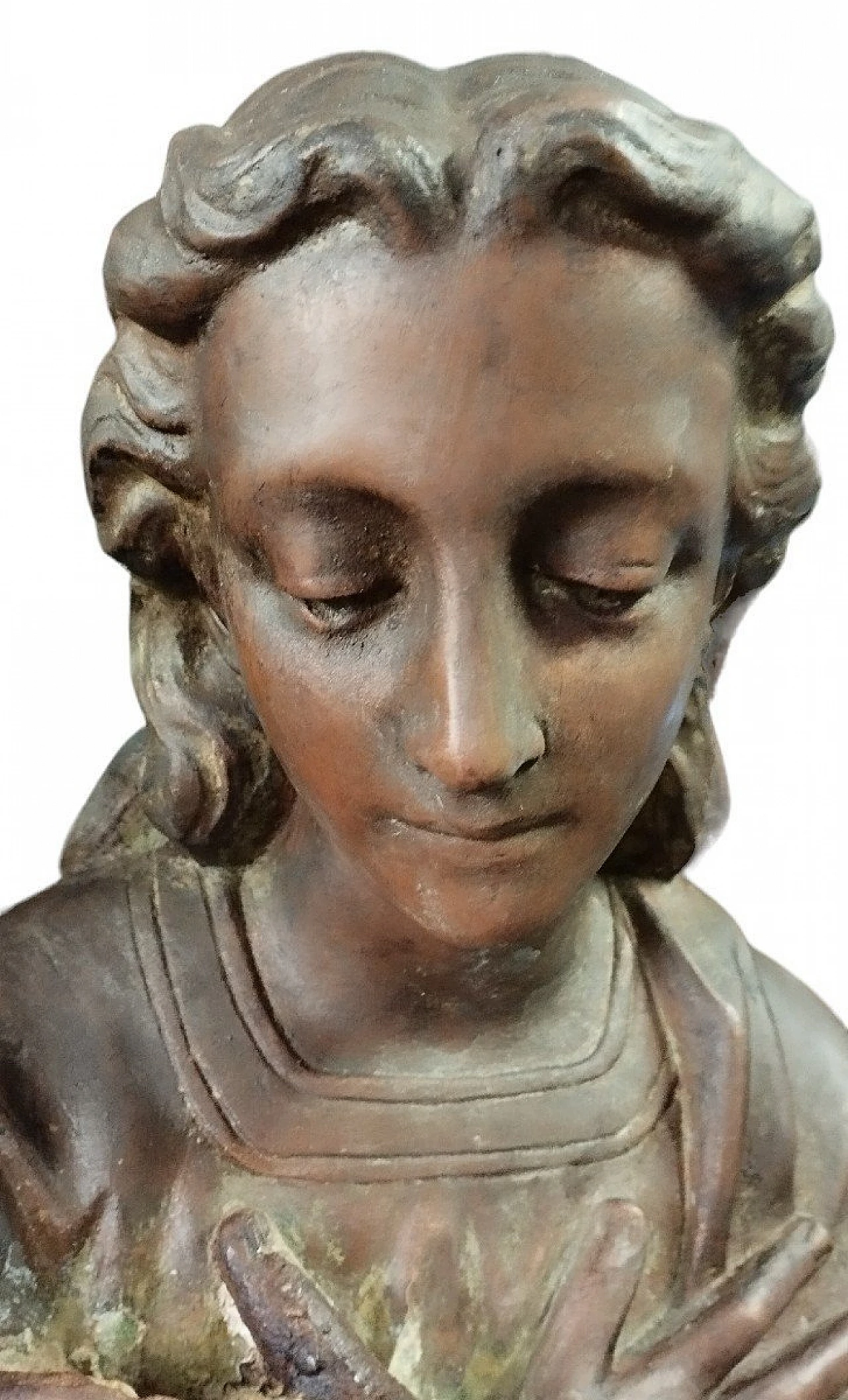 Coppia di sculture di angeli in preghiera in stucco e rame, '700 3