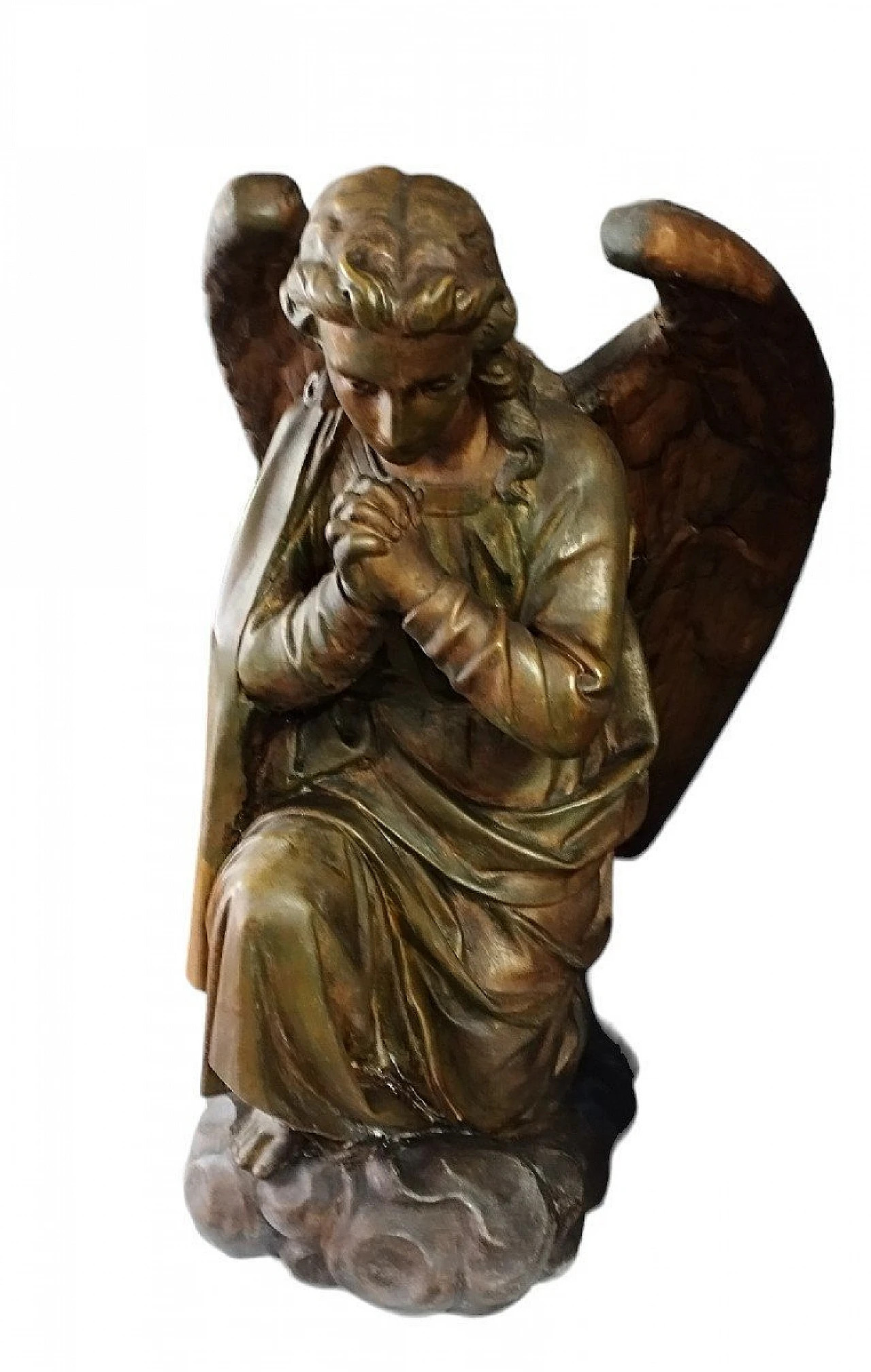 Coppia di sculture di angeli in preghiera in stucco e rame, '700 5