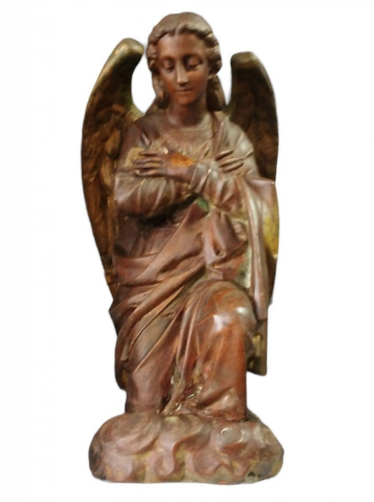 Coppia di sculture di angeli in preghiera in stucco e rame, '700 6