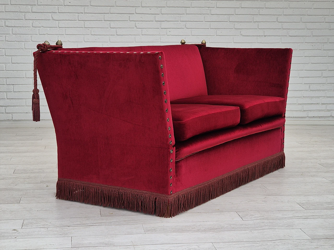 Danish red velvet sofa with reclining armrests, 1960s 1