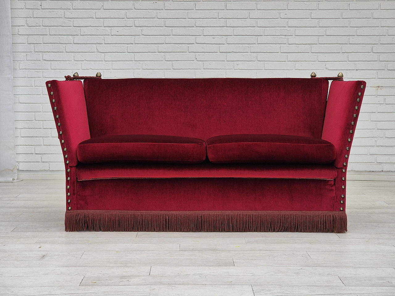 Danish red velvet sofa with reclining armrests, 1960s 2