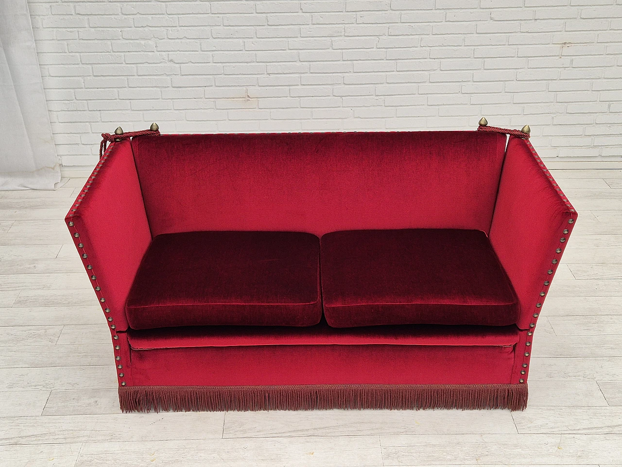 Danish red velvet sofa with reclining armrests, 1960s 3