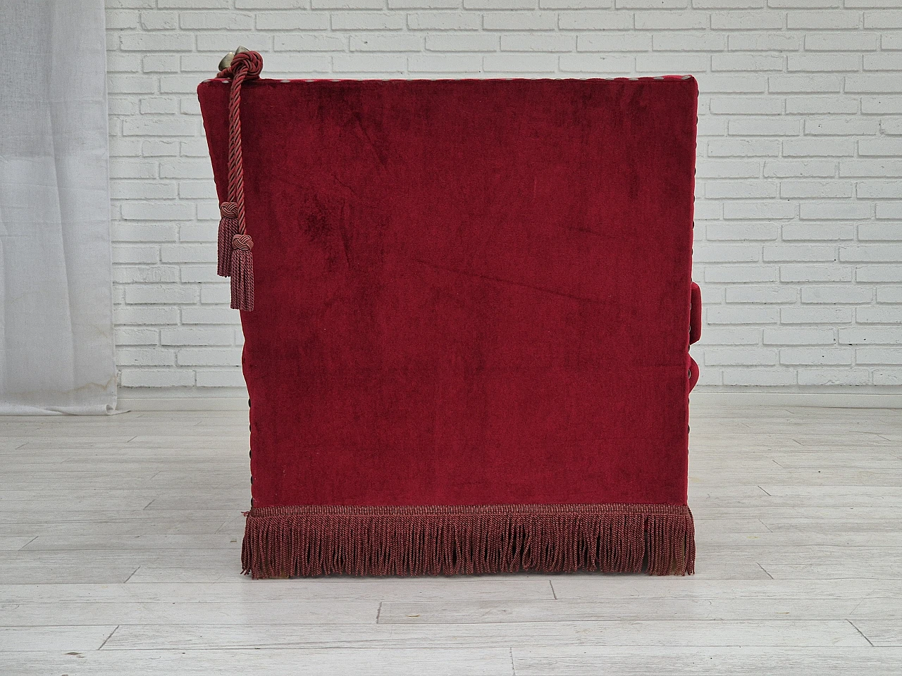 Danish red velvet sofa with reclining armrests, 1960s 5