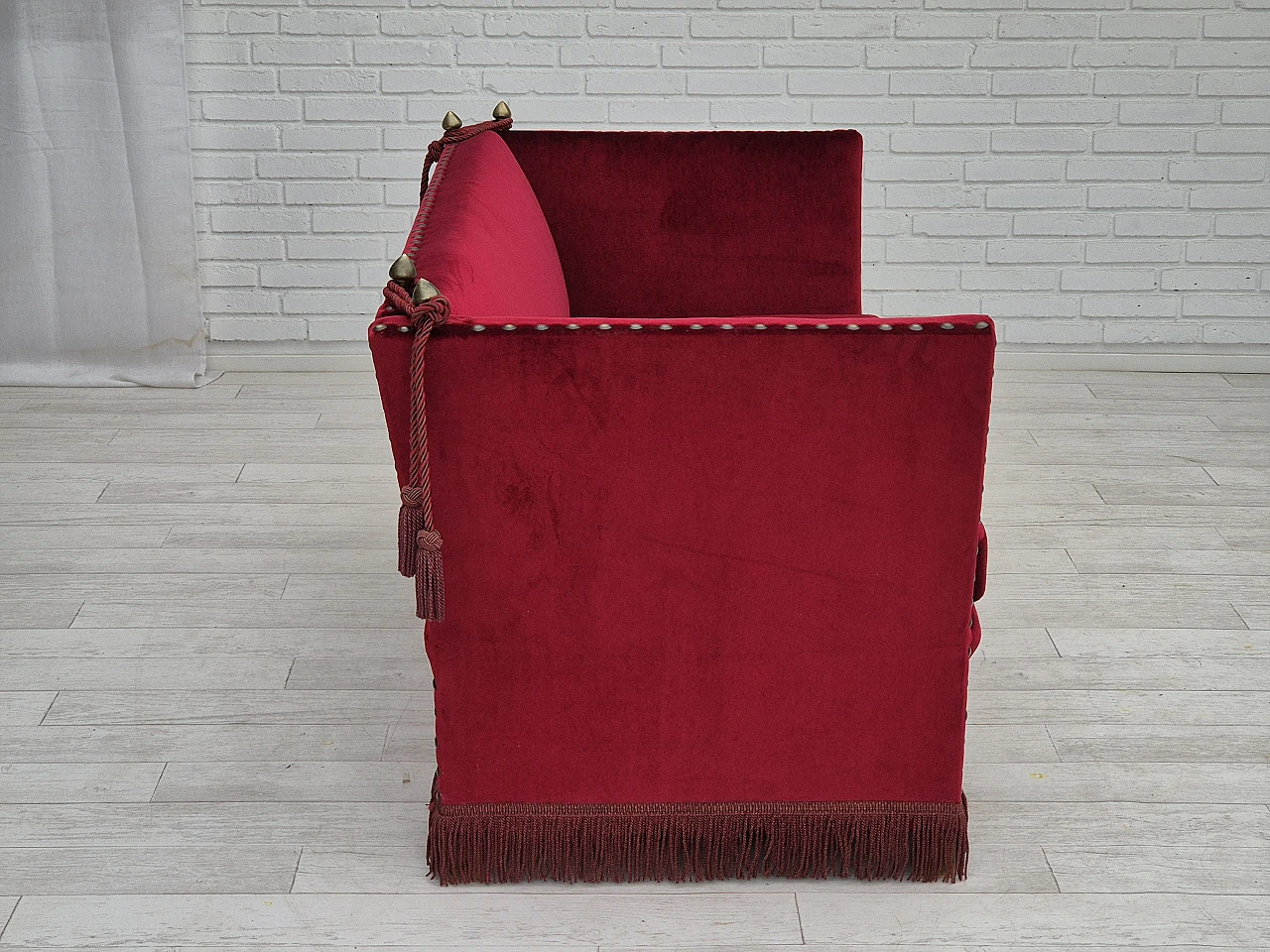 Danish red velvet sofa with reclining armrests, 1960s 6