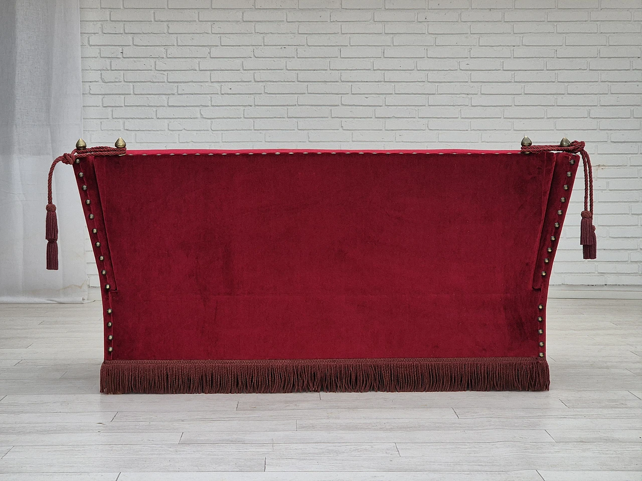 Danish red velvet sofa with reclining armrests, 1960s 7