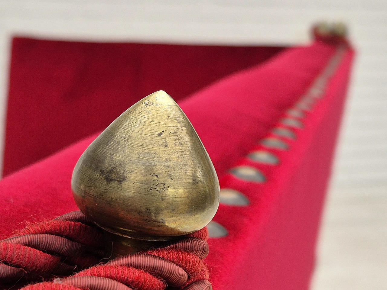 Danish red velvet sofa with reclining armrests, 1960s 8
