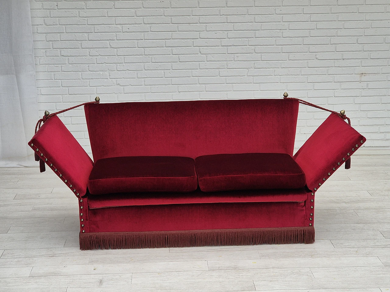 Danish red velvet sofa with reclining armrests, 1960s 9