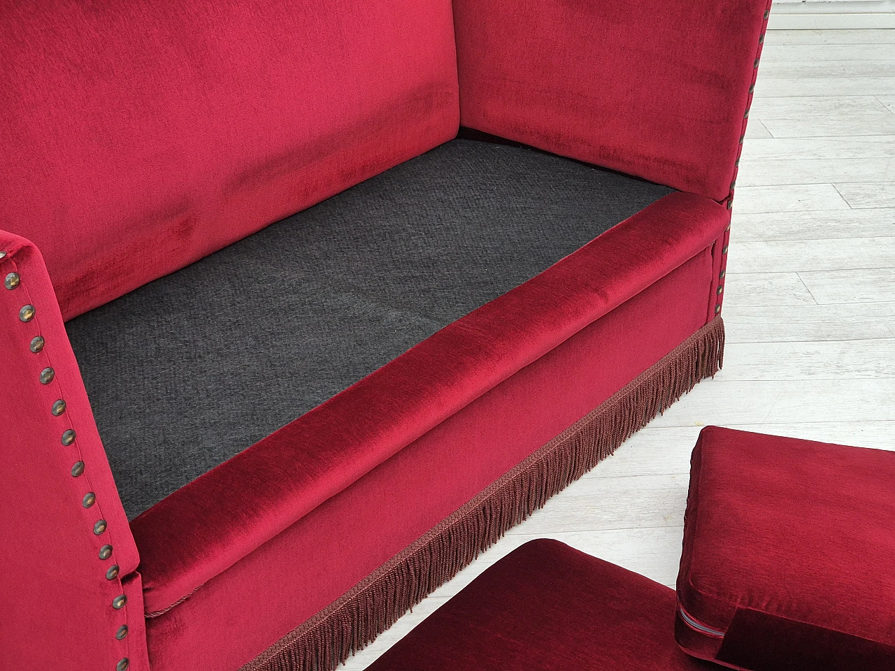 Danish red velvet sofa with reclining armrests, 1960s 11
