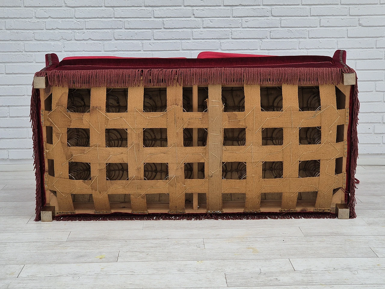 Danish red velvet sofa with reclining armrests, 1960s 12