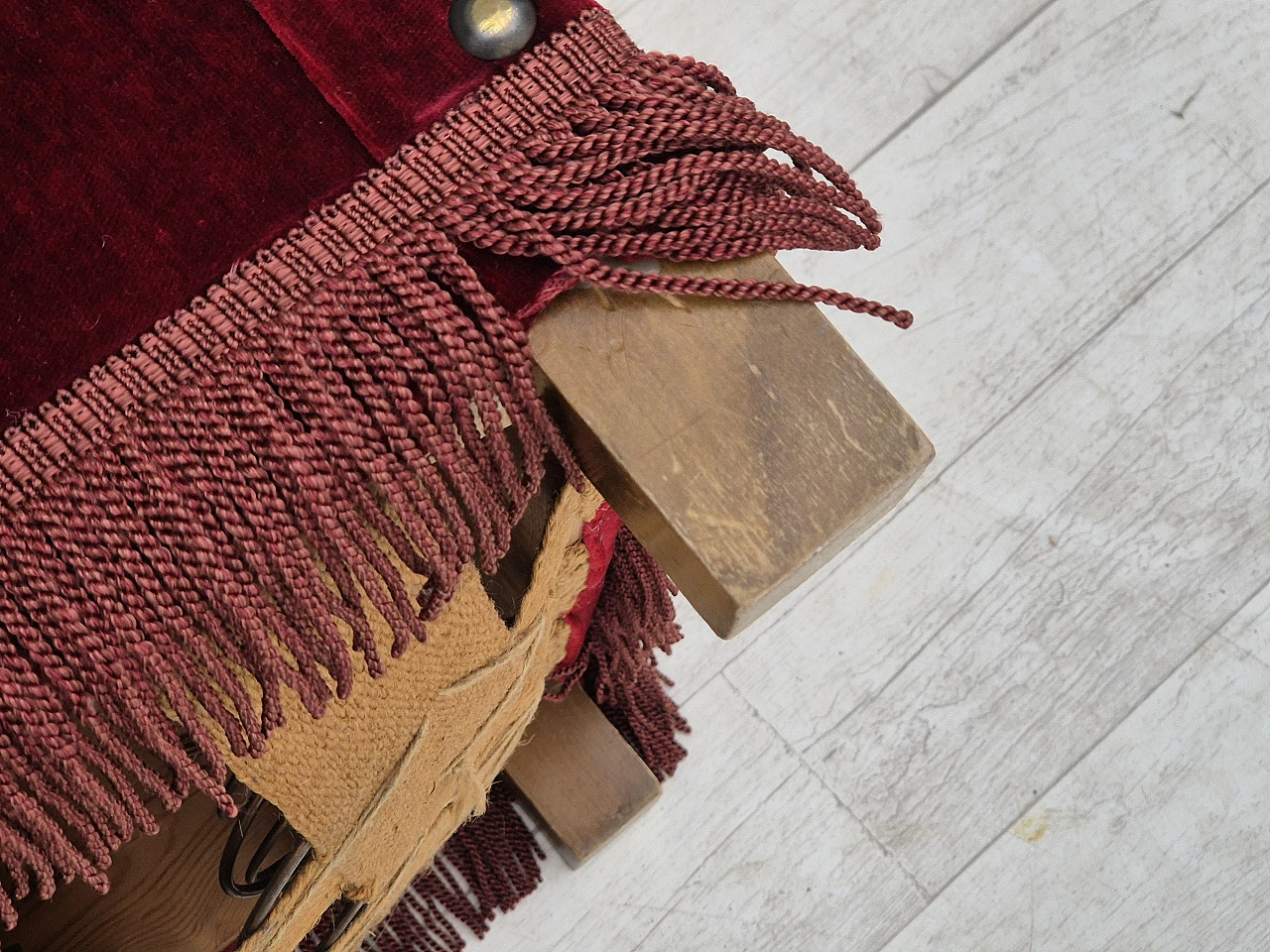 Danish red velvet sofa with reclining armrests, 1960s 14