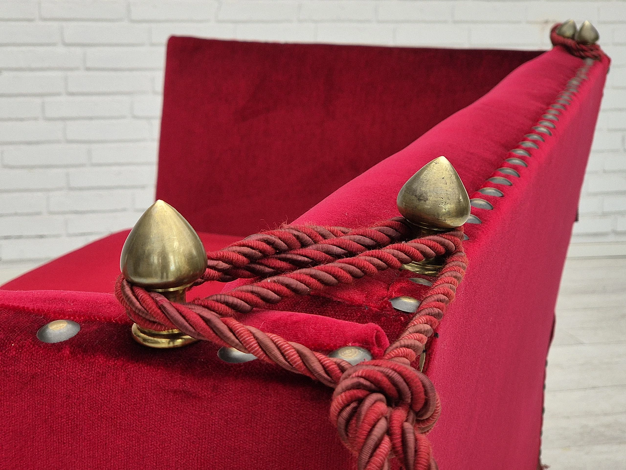 Danish red velvet sofa with reclining armrests, 1960s 15