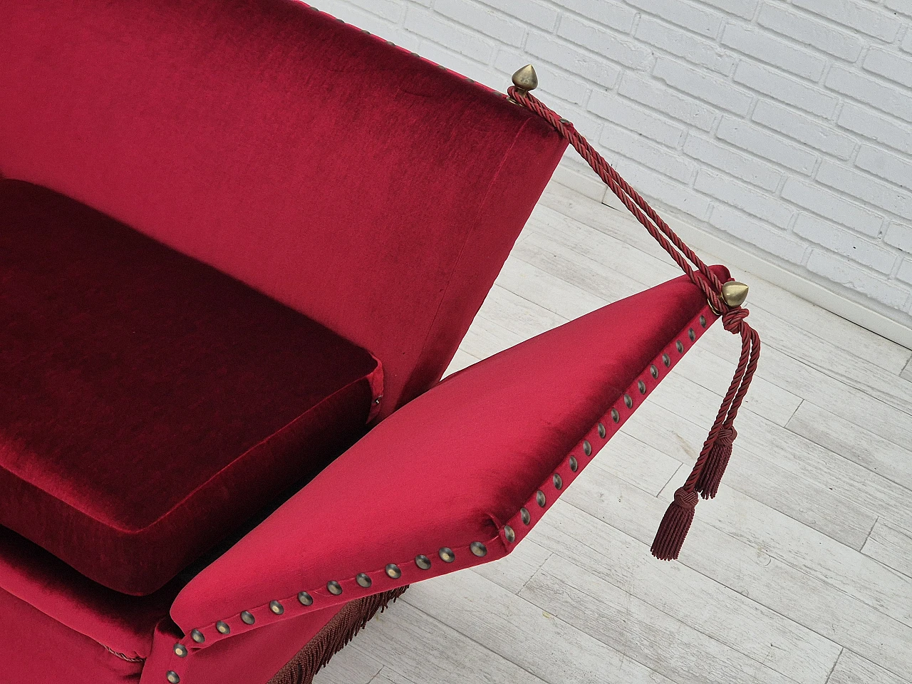 Danish red velvet sofa with reclining armrests, 1960s 17