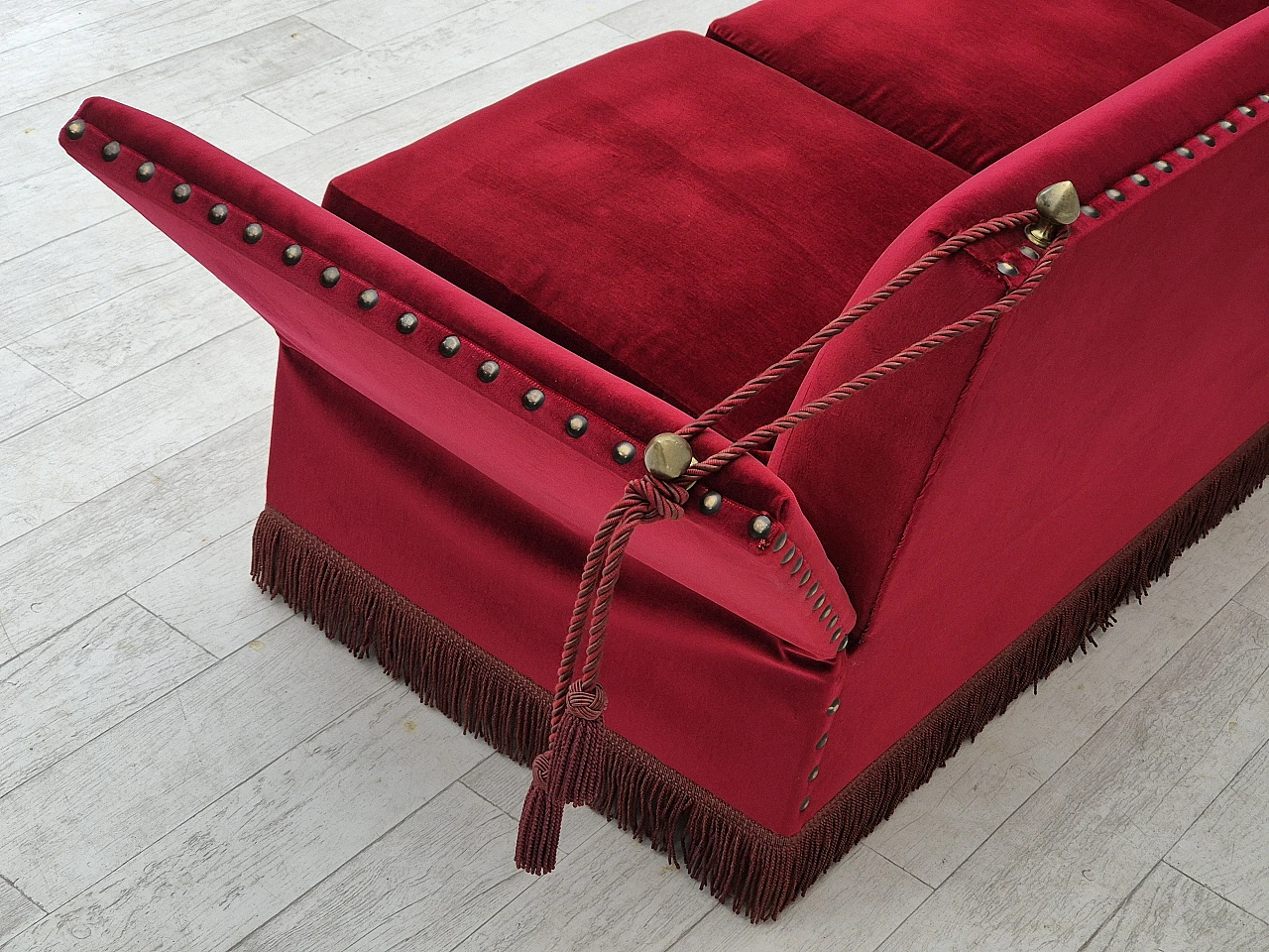 Danish red velvet sofa with reclining armrests, 1960s 18