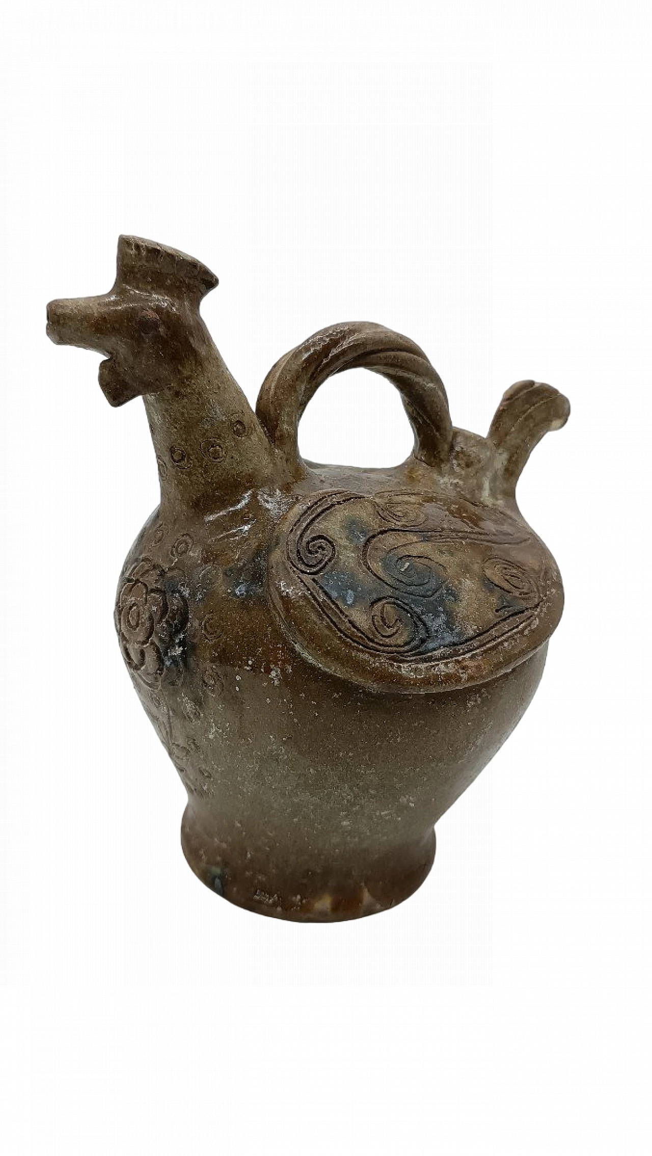 Brocca da vino a forma di gallo in maiolica invetriata, '700 2