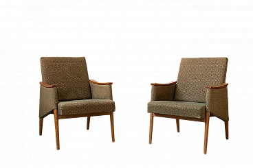 Pair of oak wood and fabric armchairs, 1970s