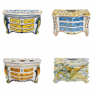 Commode-shaped planter in polychrome majolica, 18th century