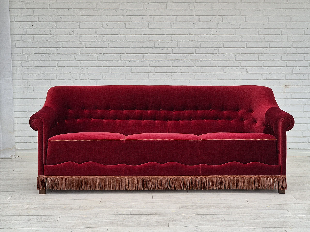 Danish three-seater cherry red velvet sofa, 1960s 1