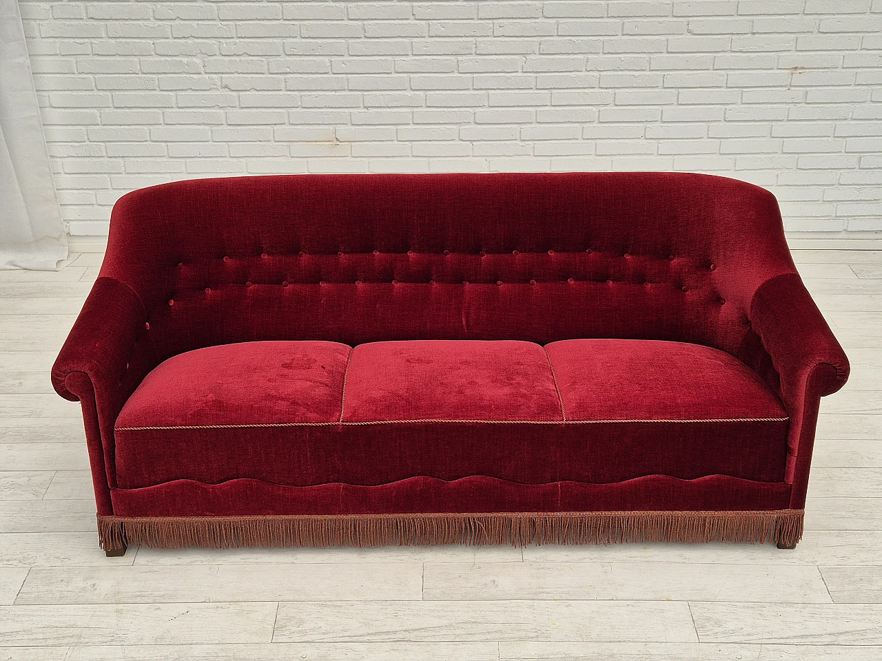 Danish three-seater cherry red velvet sofa, 1960s 2